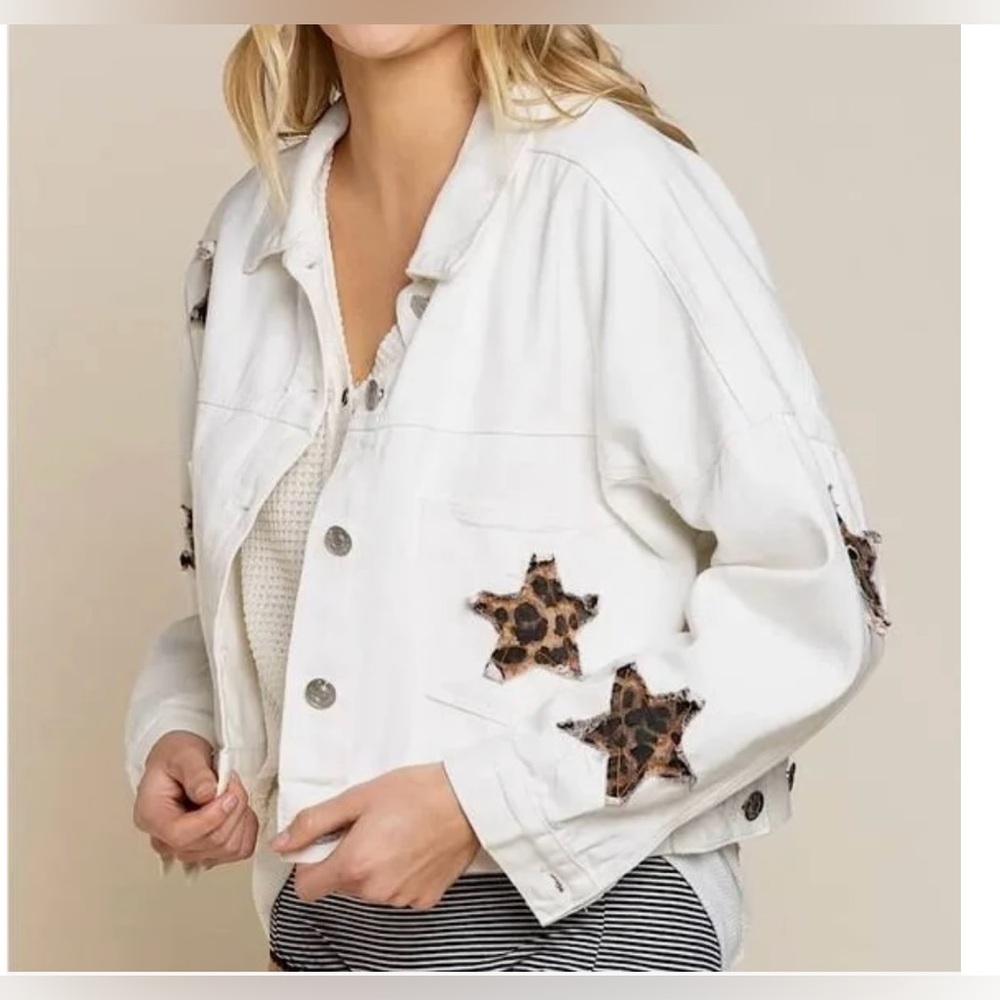 POL  Frankie White Denim Jacket with Leopard Star  Applique - Size S